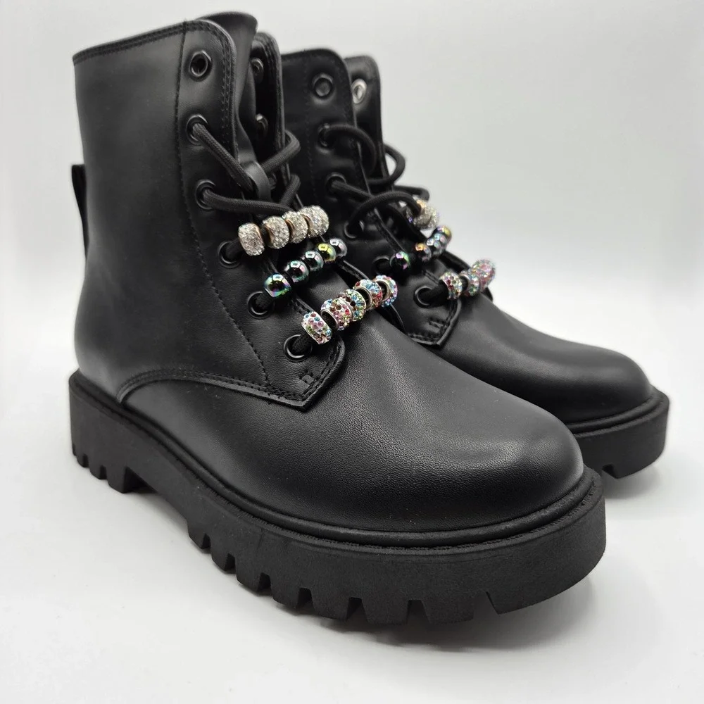 Girls Black Faux Leather Rhinestone Bead Lug Sole Combat Boots Size‎ 2